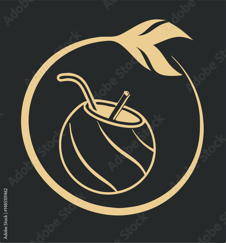 Elegant vector illustration of a yerba mate gourd with a decorative leaf and circle