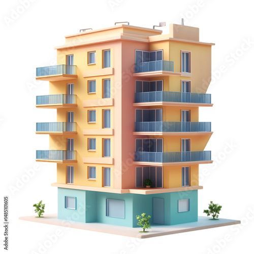 Vibrant, digitally rendered model of a multi-story apartment complex with pastel-colored facades.  It features various balconies and windows, depicted in a stylized manner.