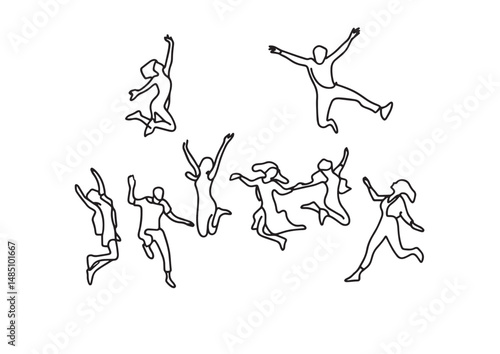 Vector  illustration of a happy freedon people jumping one line drawing illustration