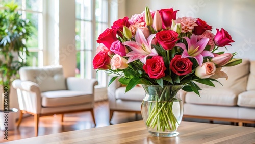 Fototapeta Naklejka Na Ścianę i Meble -  Freshly cut pink and red roses and lilies arranged in a elegant vase, rose, living room,  rose, living room