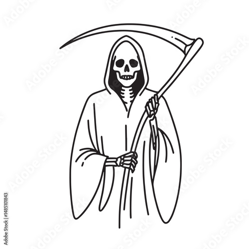 Simple Vector one line drawing of a skeleton in a robe holding a scythe, the grim reaper 