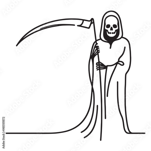 Simple Vector one line drawing of a skeleton in a robe holding a scythe, the grim reaper 