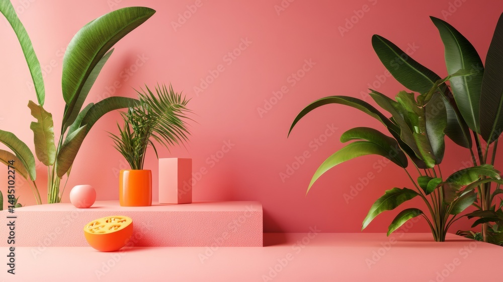 Fresh citrus and green plant on pink background for color photography scene setup composition fruit decor summer vitamin health Fresh citrus and green plant on pink background for color photography scene setup composition fruit decor summer vitamin health