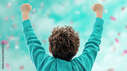Joyful child celebrating with raised arms, feeling proud and accomplished in vibrant setting