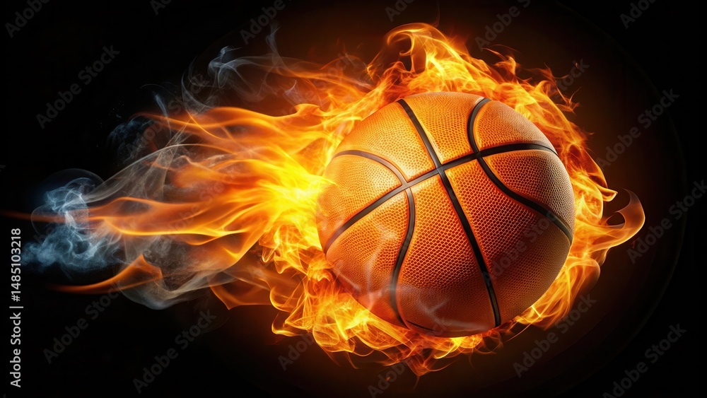 Obraz premium A basketball on fire with flames engulfing it against a black background, creating a dramatic and intense atmosphere