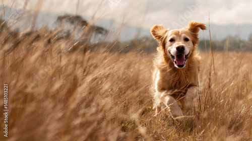 Wallpaper Mural Golden dog joyfully sprints through wild grass field, embodying happiness and freedom in natural setting. warm sunlight enhances scene, creating vibrant atmosphere Torontodigital.ca