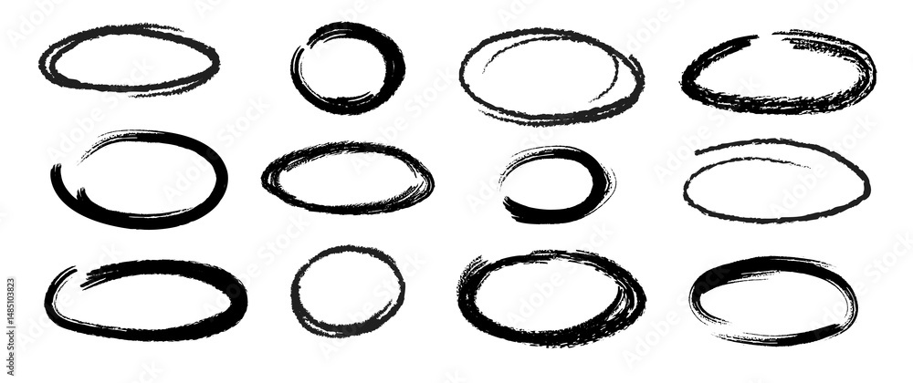 Hand drawn charcoal ovals, underlines, and strikethroughs set. Vector rough crayon and brush strokes, sketchy marker lines, and doodle style ellipses for highlighting text and adding emphasis. Hand drawn charcoal ovals, underlines, and strikethroughs set. Vector rough crayon and brush strokes, sketchy marker lines, and doodle style ellipses for highlighting text and adding emphasis.