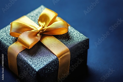 Luxury gift box with gold ribbon on blue background for festive celebration or special occasion