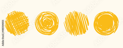 Yellow grunge circle stamp set. Hand-drawn round shapes with brush texture and rough edges. Vector doodle marks for badges, ink seals, highlights, or abstract design elements.