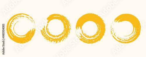 Yellow grunge circle stamp set. Hand-drawn round shapes with brush texture and rough edges. Vector doodle marks for badges, ink seals, highlights, or abstract design elements.