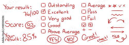 Red pen grade marks and test symbols. Vector Hand drawn school scores from A+ to F, percentages, checkboxes, stars, and comments Excellent and Fail. Doodle exam elements for educational design. 