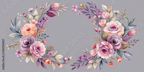 Fototapeta Naklejka Na Ścianę i Meble -  Watercolor floral wreath on gray background with delicate vines and flowers in various shades of purple, pink, and peach , gray background, bohemian style
