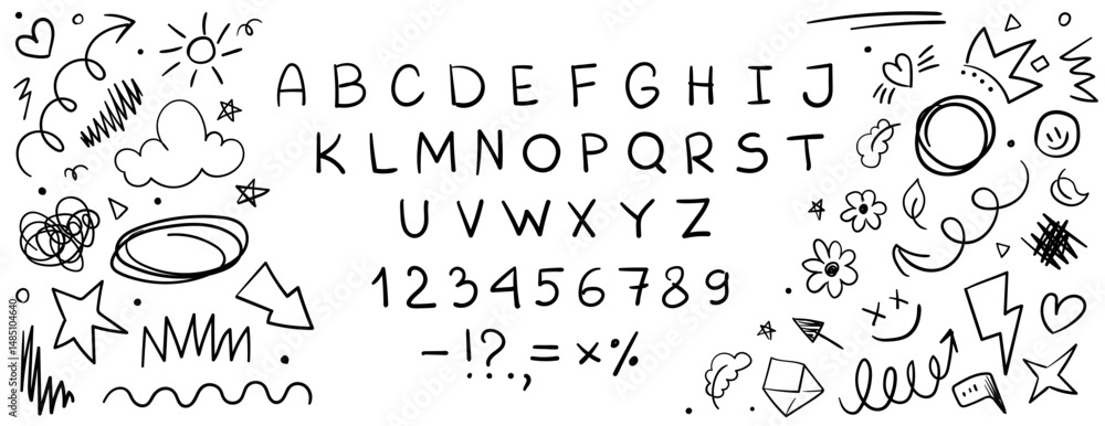 Hand-drawn chalk or crayon alphabet with numbers and symbols. Grunge-style letters with playful doodles stars, hearts, spirals, and clouds. Fun sketchy typeface for kids designs and school projects