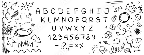 Hand-drawn chalk or crayon alphabet with numbers and symbols. Grunge-style letters with playful doodles stars, hearts, spirals, and clouds. Fun sketchy typeface for kids designs and school projects