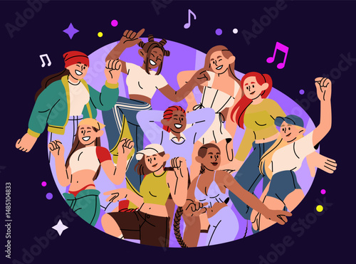 Happy group celebrating festival. Dancing people at birthday party. Young friends smiling in headphones. Music for joyful character. Cheerful guys and girls in bright clothes, vector illustration