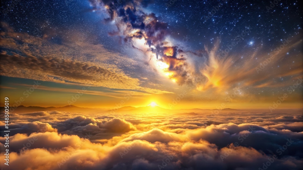 Naklejka premium Soft golden hues of sunrise peeking through clouds amidst a starry sky with twinkling Milky Way streaks , astronomy, dawn