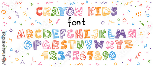 Crayon kids font, doodle funny playful alphabet, hand drawn letters. School wax crayon abc for educational banners, school, kindergarten. Vector cartoon children illustration