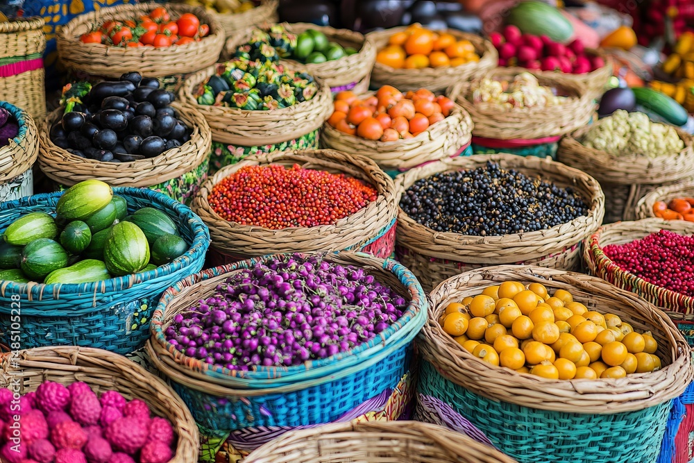 Fototapeta premium Colorful assortment of exotic fruits and vegetables in woven baskets at vibrant outdoor market