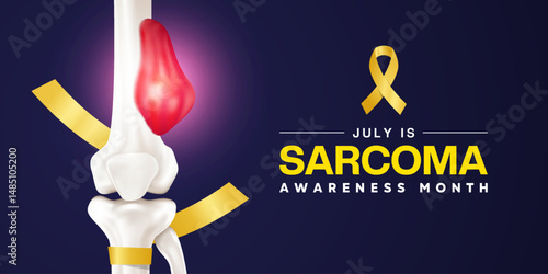 July is National Sarcoma Awareness Month. Bone, cancer, ribbon and light. Great for posters, banners, social media and more. Dark background.