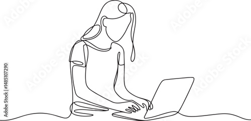 Continuous one line drawing of a young woman sitting at a laptop, relaxed yet focused posture, minimalist black and white illustration

