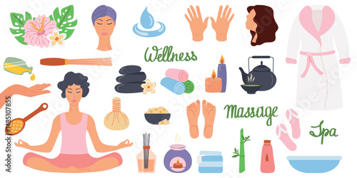 Spa massage and beauty salon icon set. Natural cosmetics and bath accessories, Thai beauty salon.