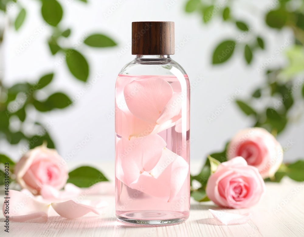 The Bottle filled with rose-infused toner, emphasizing floral freshness The Bottle filled with rose-infused toner, emphasizing floral freshness