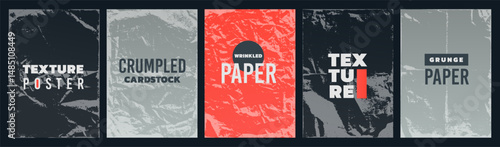 Paper old. Photo scratch. Grunge background. Poster fold effect. Cardboard creases. Crumpled black frame. Worn mockup. Torn cover card with lettering stamp. Vector vintage wrinkle exact borders set