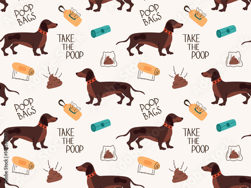 Endless, seamless pattern with dogs and bags for cleaning up poop. Keeping and walking pets