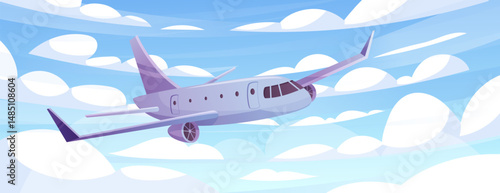 Airplane in sky. Plane fly concept. Aeroplane trip travel. Cartoon 3D tourism. Airport of delivery. Transportation by air. Airline tour. Airliner fuselage. Aircraft jet. Vector flight garish transport