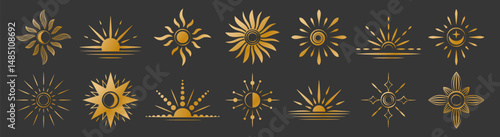 Gold sun. Moon background line. Radial magic, half star logo, shine icon. Abstract minimalist design, golden element. Linear sunburst. Sunny weather decorative signs. Vector garish symbol isolated set