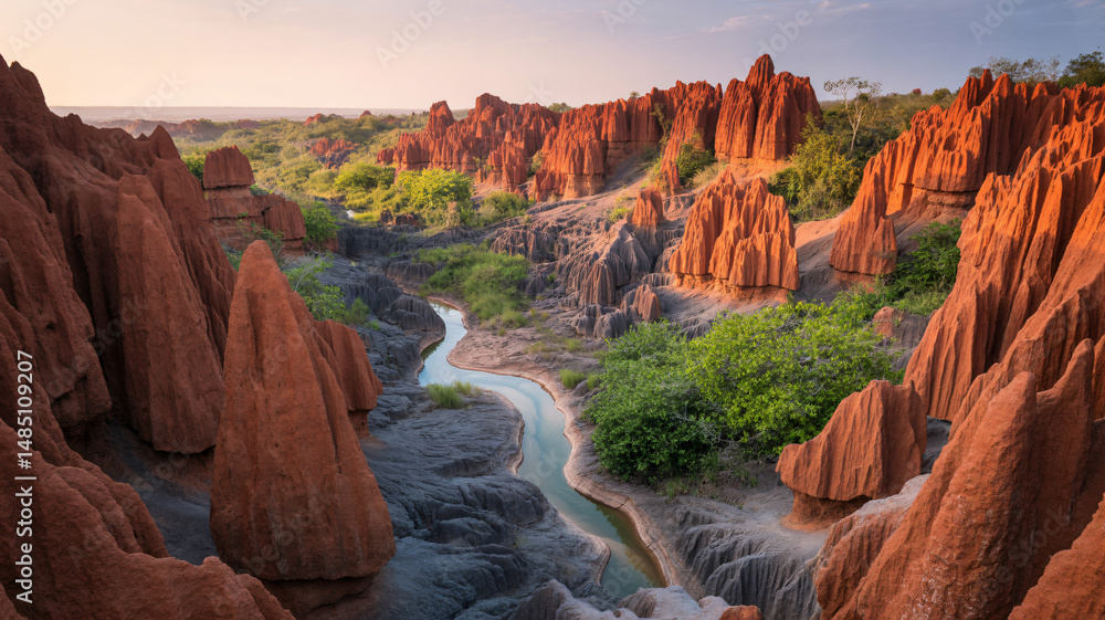 Red Tsingy Stone Formation of Red Laterite Formed by Erosion with River in Northern Madagascar