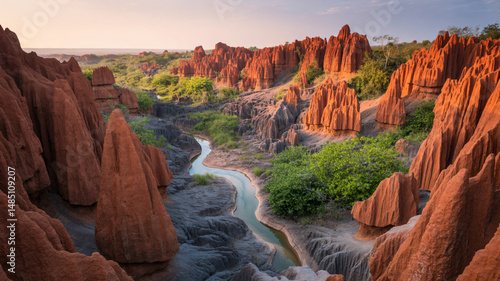 Obraz na płótnie Red Tsingy Stone Formation of Red Laterite Formed by Erosion with River in Northern Madagascar w salonie