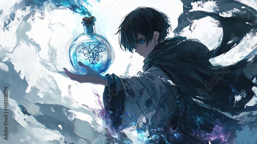 A young mage holds a mystical, glowing blue bottle