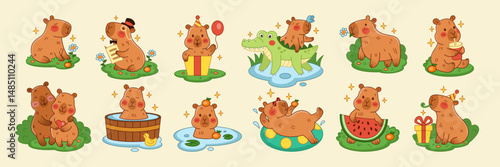 Capybara cute cartoon. Animal funny birthday. Baby illustration happy rodent in different actions. Smile pet sticker. Character zoo kawaii, emotion mascot comic creatures. Vector tidy isolated set