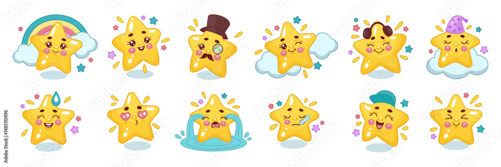 Obraz premium Cartoon star. Children character different emotions and actions. Space game mascot. Cute stellar face. Cosmic twinkle little emoji. Kawaii style. Baby twinkle icon. Vector comic illustration tidy set