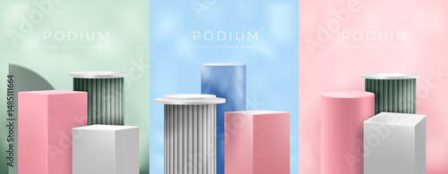 3D podium. Background for product stand. Abstract square stage. Platform display. Minimal light render in mockup. Contemporary showcase for presentation. Vector wall, empty simple cylinder pedestal