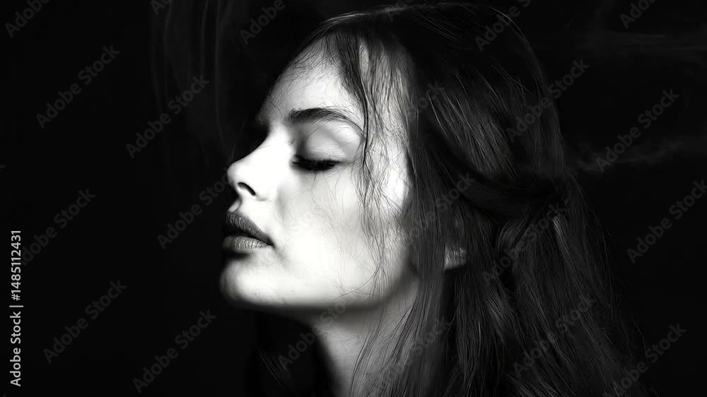 Black and white portrait of a woman surrounded by smoke. Black and white portrait of a woman surrounded by smoke.