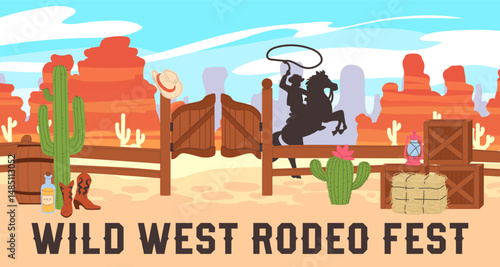 Cowboy western. Wild West poster with logo. Vintage American fest. Rodeo scene in Texas. Sheriff icon. Retro desert label. Arizona ranch. Saloon wooden boxes. Horse rider with lasso. Vector background
