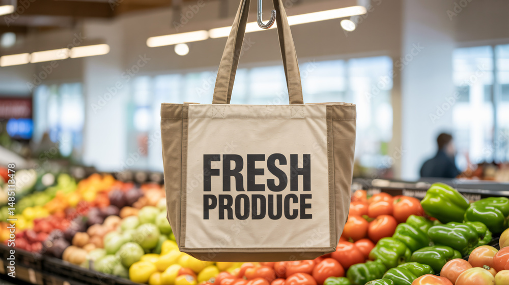 Reusable canvas tote bag hanging in a bright grocery store shopping aisle