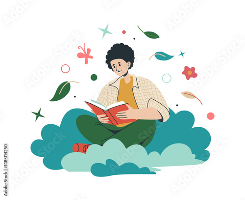 Man read book. Clever boy sitting on cloud and reading, imagination and inspiration literature. Bookworm character. Students education and knowledge. Vector cartoon flat style isolated illustration