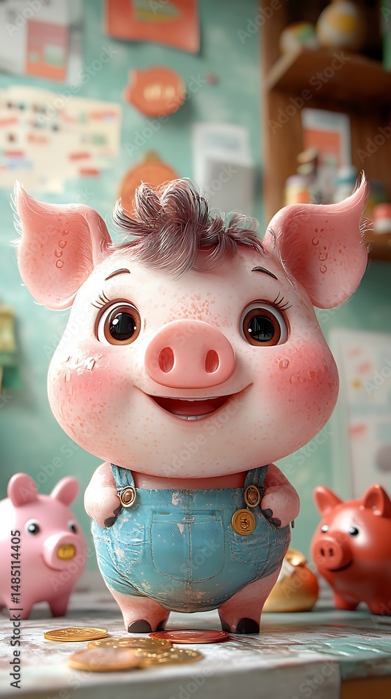 Obraz premium Playful Piglet's Portrait: A heartwarming portrait of a cute, cartoon piglet with big, expressive eyes, radiates charm and innocence in a soft-lit setting. The joyful piglet stands amidst piggy banks.