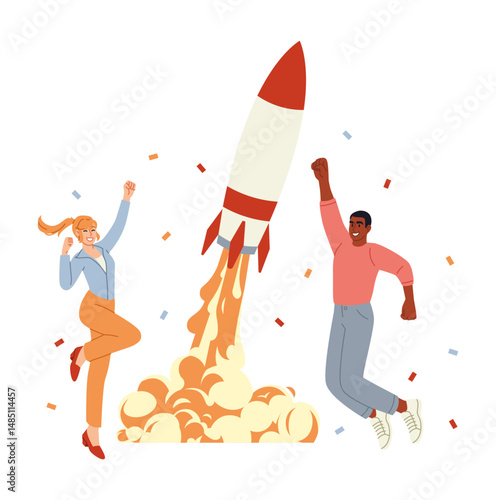 Startup people. Happy man and woman launching rocket. Business project, entrepreneur strategy and innovation. Success investment. Spaceship technology. Vector cartoon flat style isolated illustration