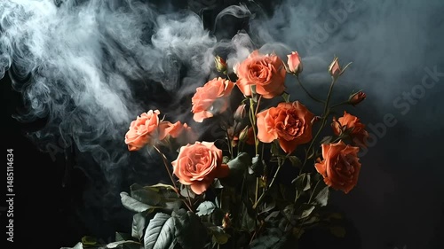 Decorative roses in smoke against dark backdrop.
