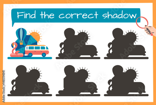 Summer fun travel. Preschool kids worksheet. Workbook test. Finding correct shadow. Children game. Searching identical flamingo and car contours. Silhouette umbrella. Vector educational puzzle design