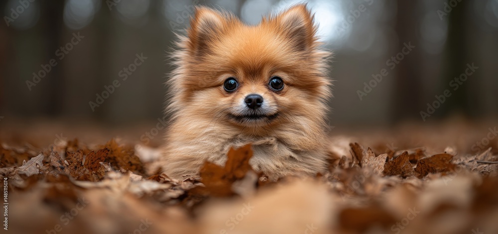 Adorable Pomeranian Puppy Amidst Autumn Leaves Adorable Pomeranian Puppy Amidst Autumn Leaves