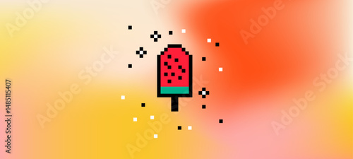 Abstract juicy summer gradient background with simple and fun watermelon ice cream pixel element. Yellow, orange, red and pink transition color vector banner. Y2k inspired vector horizontal backdrop