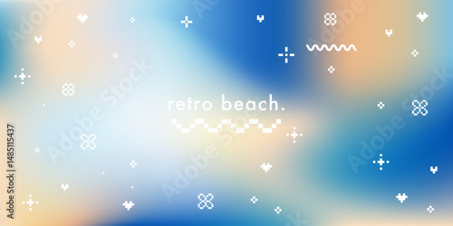 Abstract seaside gradient background with pixel wave and sparkle elements. Blurred sea wave vector texture in blue and beige. Y2k sea retro pattern. Tropical state of mind pastel color wide banner