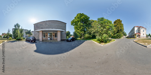 Fototapeta Naklejka Na Ścianę i Meble -  360 hdri seamless spherical panorama near parking of student dormitory multistory building area or urban development in equirectangular projection, AR VR content