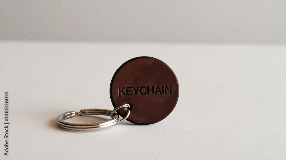 Round leather keychain with a metal ring on a white background
