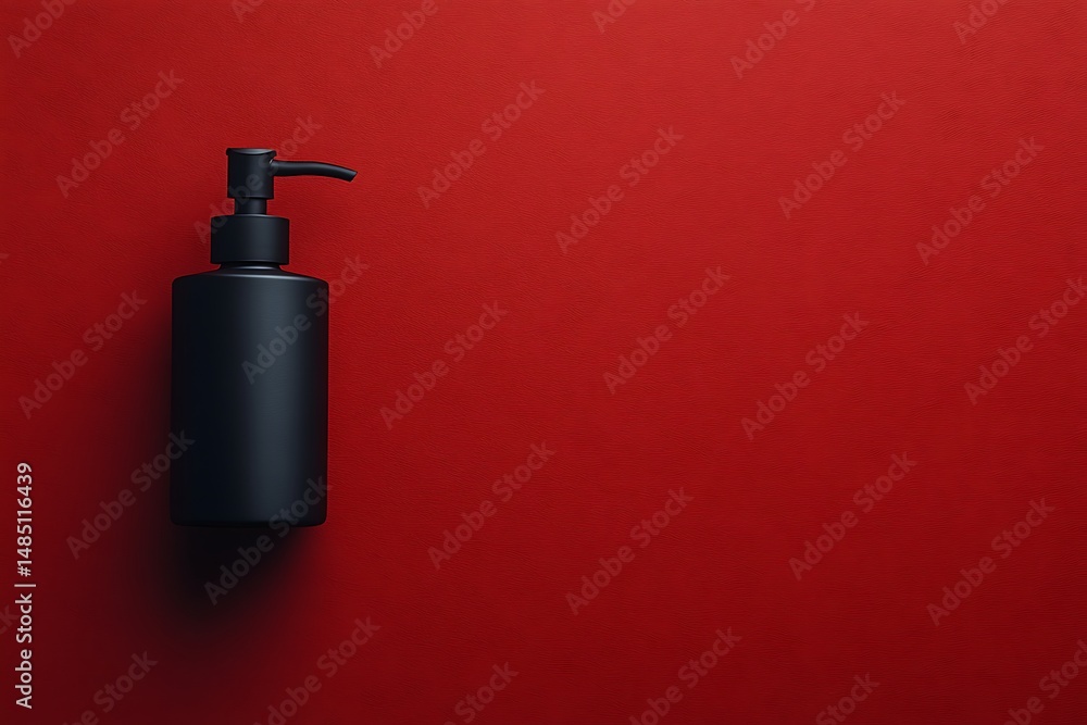 Black bottle on a textured red surface Black bottle on a textured red surface